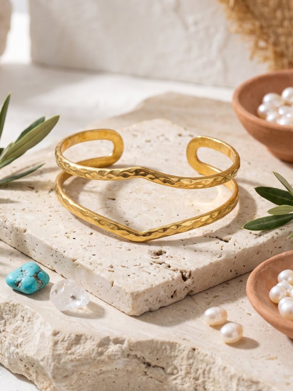 18K Gold Hammered Double Band V Shape Cuff Old Money Mediterranean Stacking